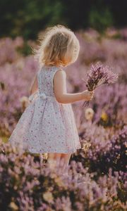 Preview wallpaper child, flowers, lavender, bouquet, field