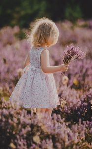 Preview wallpaper child, flowers, lavender, bouquet, field