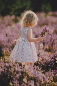 Preview wallpaper child, flowers, lavender, bouquet, field