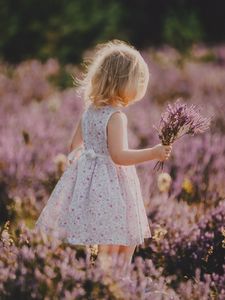 Preview wallpaper child, flowers, lavender, bouquet, field