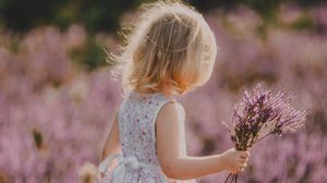 Preview wallpaper child, flowers, lavender, bouquet, field