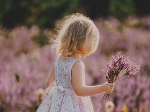 Preview wallpaper child, flowers, lavender, bouquet, field