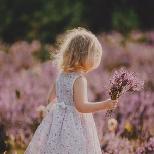 Preview wallpaper child, flowers, lavender, bouquet, field