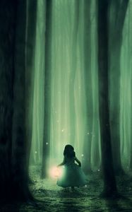 Preview wallpaper child, forest, fog, night, fabulous, lantern, walk