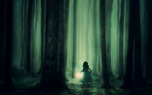 Preview wallpaper child, forest, fog, night, fabulous, lantern, walk