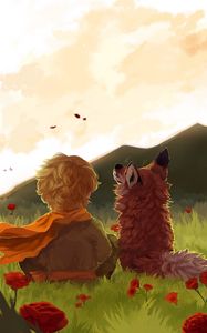 Preview wallpaper child, fox, art, field, flowers, mountains, landscape