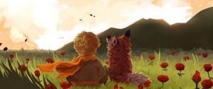 Preview wallpaper child, fox, art, field, flowers, mountains, landscape