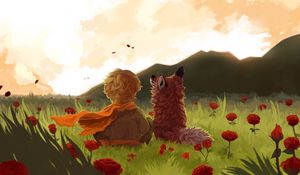 Preview wallpaper child, fox, art, field, flowers, mountains, landscape