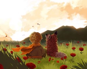 Preview wallpaper child, fox, art, field, flowers, mountains, landscape