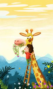 Preview wallpaper child, giraffe, art, cute, funny