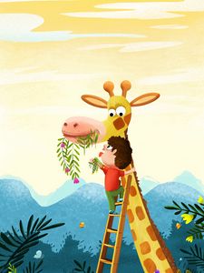 Preview wallpaper child, giraffe, art, cute, funny
