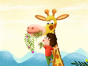 Preview wallpaper child, giraffe, art, cute, funny