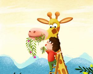 Preview wallpaper child, giraffe, art, cute, funny