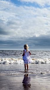 Preview wallpaper child, girl, beach, sea, waves