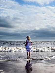 Preview wallpaper child, girl, beach, sea, waves