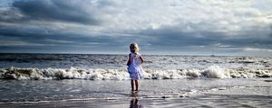 Preview wallpaper child, girl, beach, sea, waves