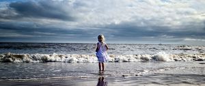 Preview wallpaper child, girl, beach, sea, waves