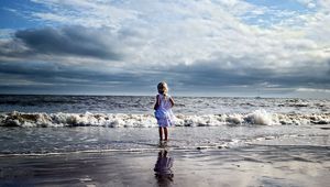 Preview wallpaper child, girl, beach, sea, waves