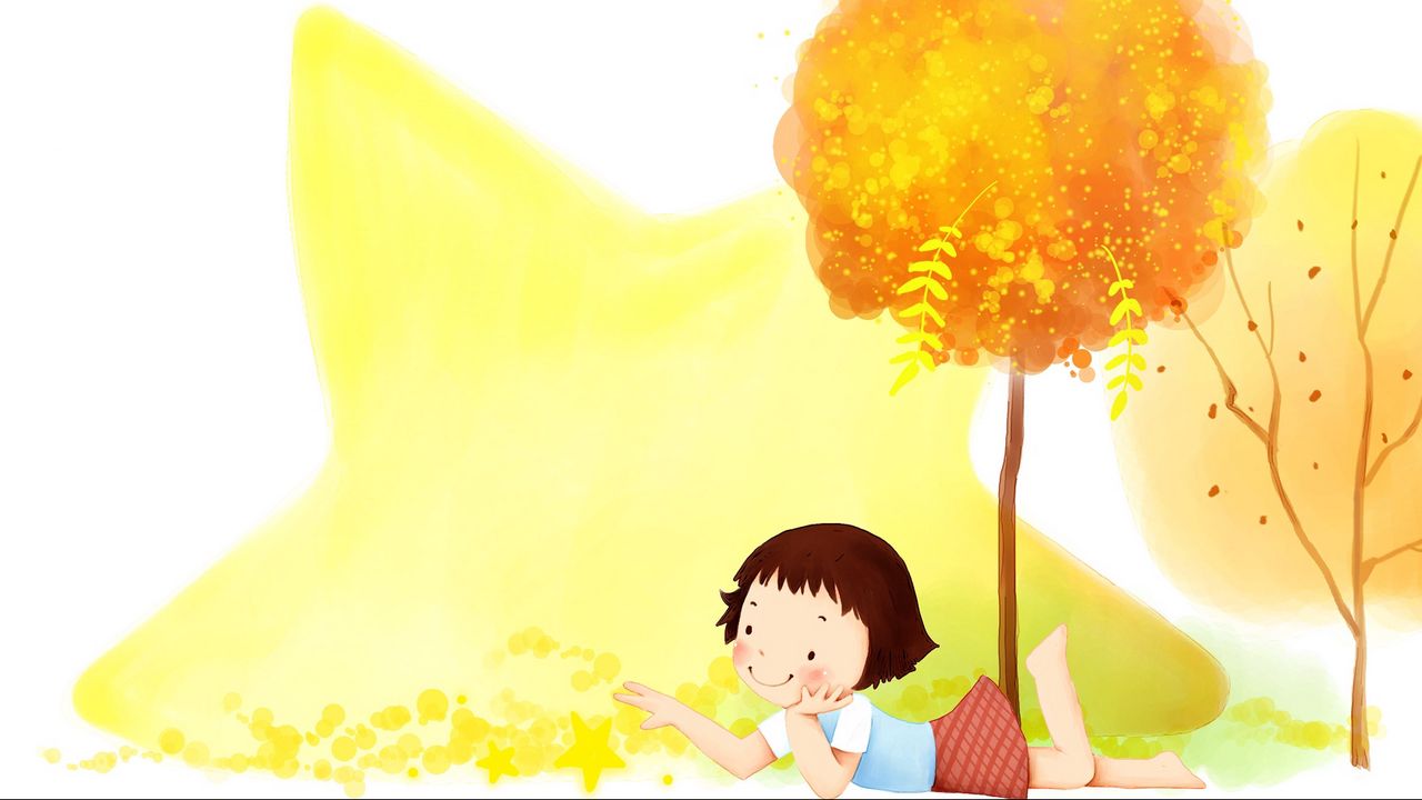 Wallpaper child, girl, tree, fall, down, drawing