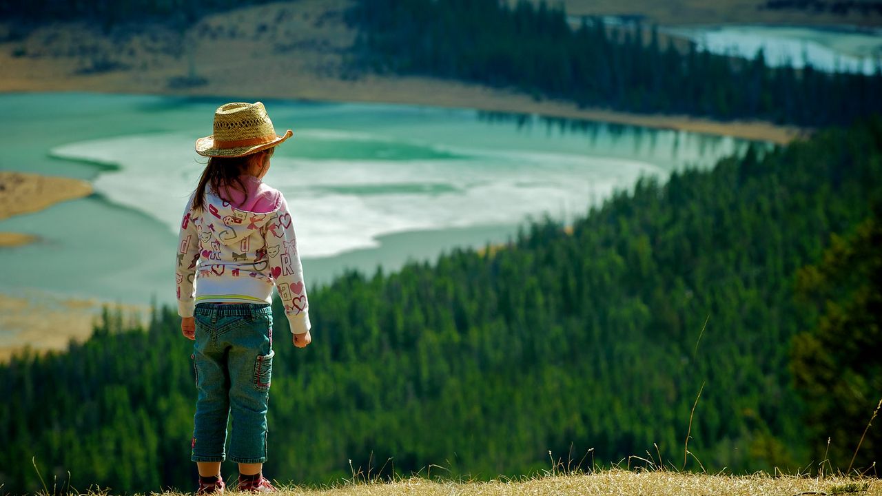 Wallpaper child, grass, hills, walking, nature, forest