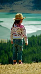 Preview wallpaper child, grass, hills, walking, nature, forest