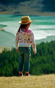 Preview wallpaper child, grass, hills, walking, nature, forest