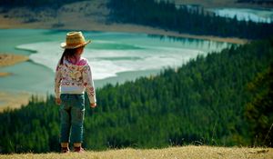 Preview wallpaper child, grass, hills, walking, nature, forest