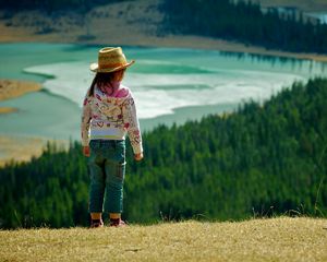 Preview wallpaper child, grass, hills, walking, nature, forest