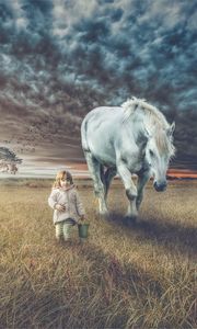 Preview wallpaper child, horse, field, walk, photoshop