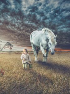 Preview wallpaper child, horse, field, walk, photoshop