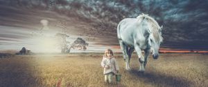 Preview wallpaper child, horse, field, walk, photoshop