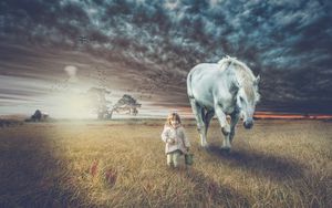 Preview wallpaper child, horse, field, walk, photoshop