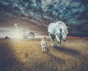 Preview wallpaper child, horse, field, walk, photoshop