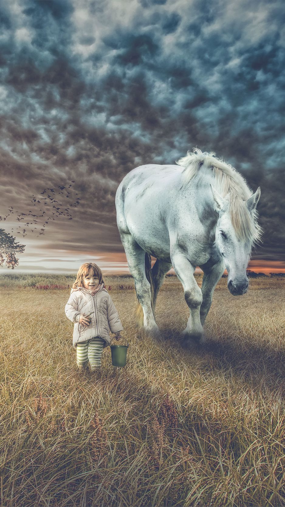 Download wallpaper 938x1668 child, horse, field, walk, photoshop iphone  8/7/6s/6 for parallax hd background