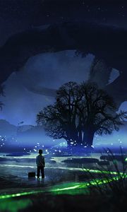 Preview wallpaper child, night, tree, loneliness, art