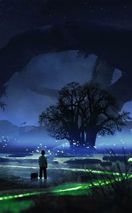 Preview wallpaper child, night, tree, loneliness, art