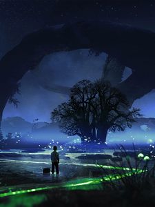 Preview wallpaper child, night, tree, loneliness, art