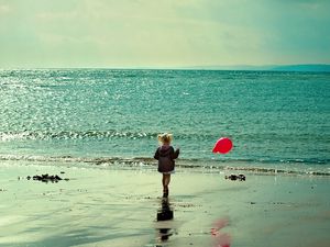 Preview wallpaper child, sea, ball, sand, walk