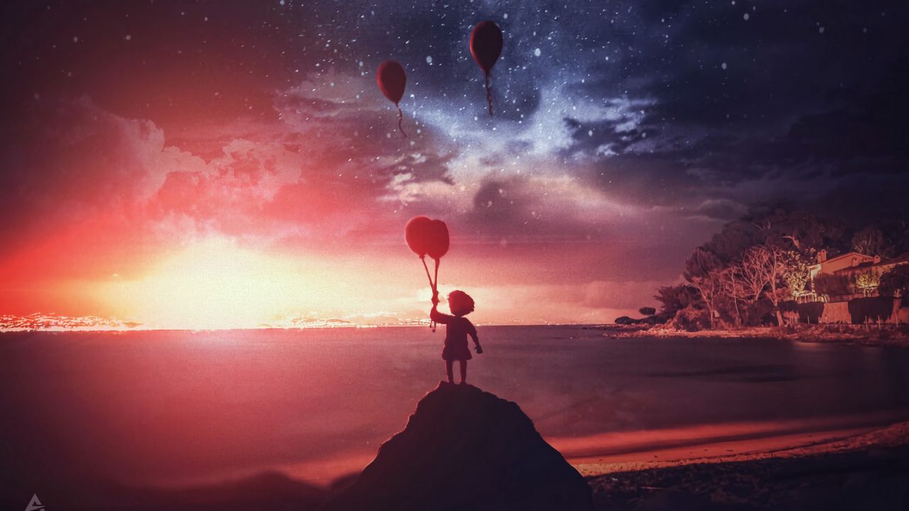 Wallpaper child, silhouette, air balloons, dark, night