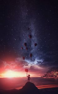 Preview wallpaper child, silhouette, air balloons, dark, night