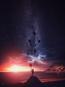 Preview wallpaper child, silhouette, air balloons, dark, night