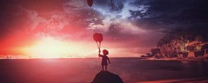 Preview wallpaper child, silhouette, air balloons, dark, night