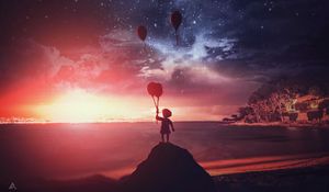 Preview wallpaper child, silhouette, air balloons, dark, night