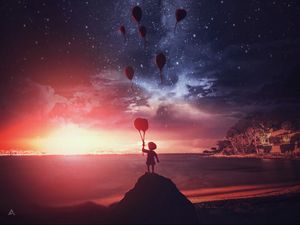 Preview wallpaper child, silhouette, air balloons, dark, night