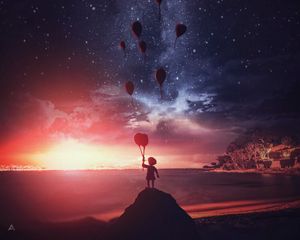 Preview wallpaper child, silhouette, air balloons, dark, night