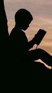 Preview wallpaper child, silhouette, book, sunset
