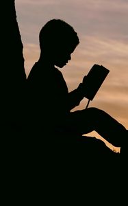 Preview wallpaper child, silhouette, book, sunset