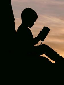 Preview wallpaper child, silhouette, book, sunset