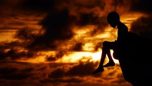 Preview wallpaper child, silhouette, cliff, think, sky, clouds