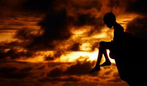 Preview wallpaper child, silhouette, cliff, think, sky, clouds